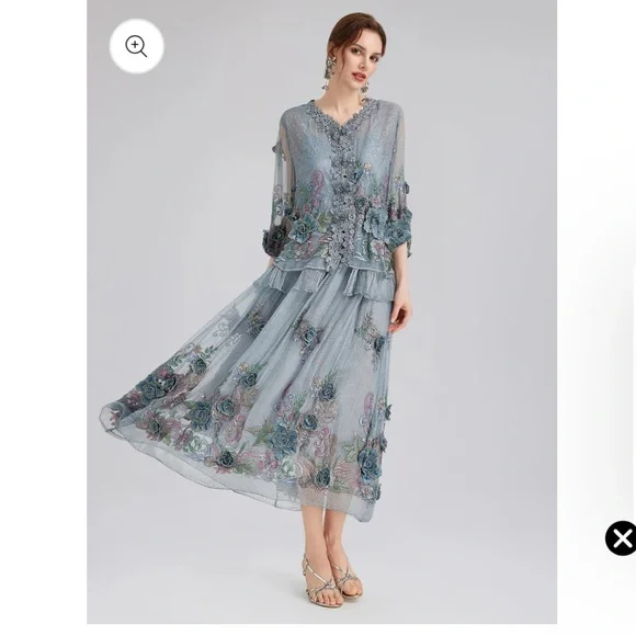 Rich Radi Q’s 3-D Floral Silk Skirt – Bluish Gray, Handcrafted Couture - Picture 6 of 9